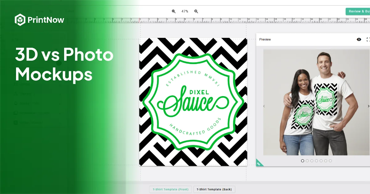 The PrintNow editor showing a flat 2D t-shirt design beside a live photo mockup of the same design worn by two people