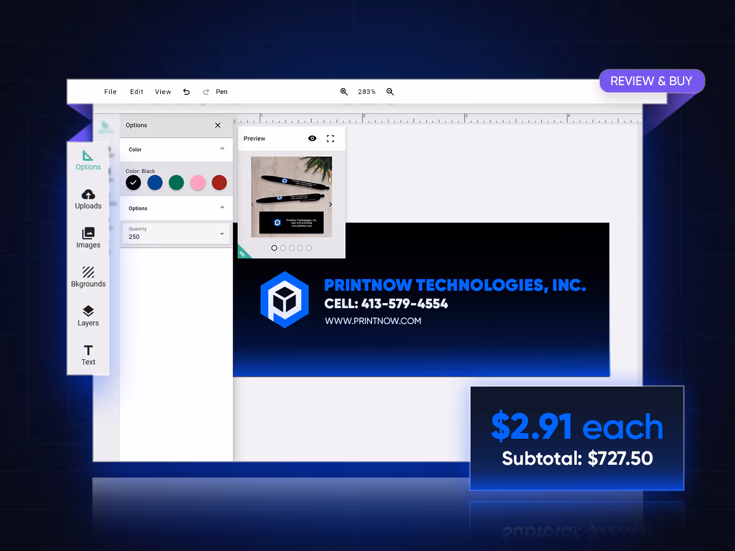 Built-in pricing calculator and option selector