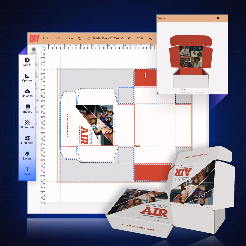 3D packaging preview — the model builds itself