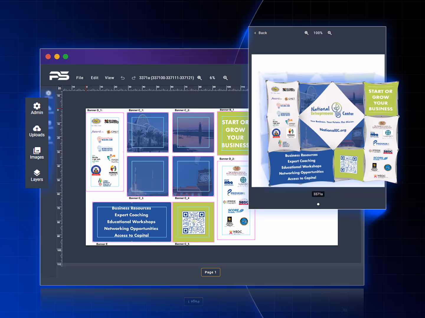 PrintNow design editor with 2D and 3D proof preview modes