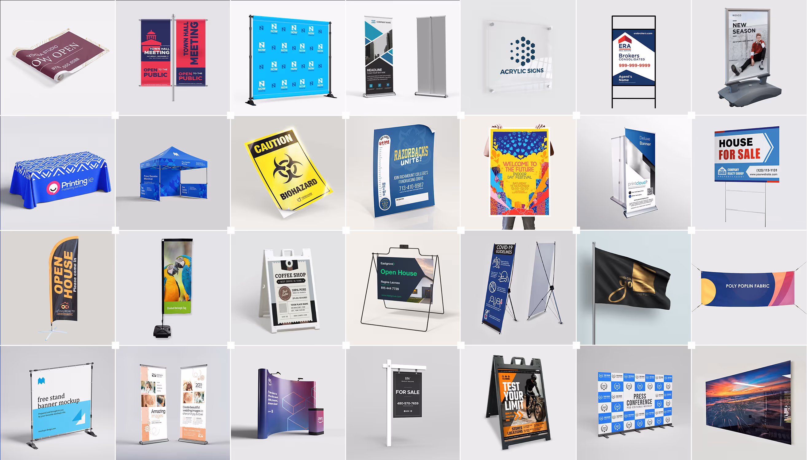 PrintNow large format printing platform showing product catalog, banner designs, and signage tools