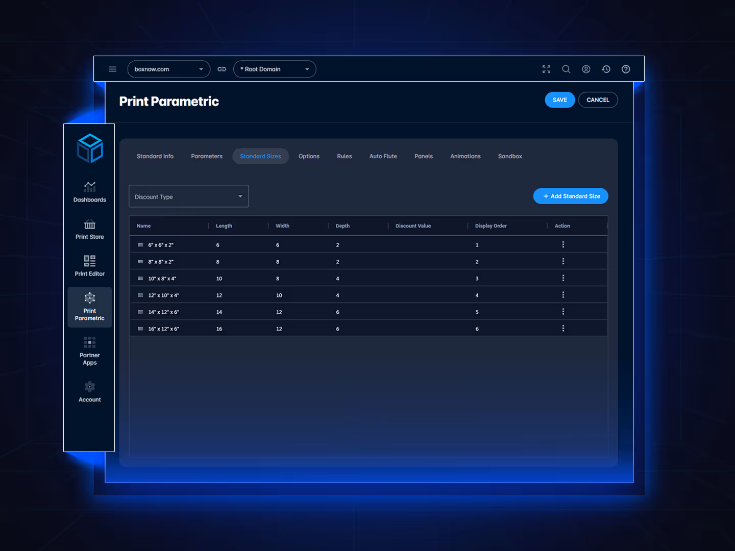 Standard sizes and custom size support