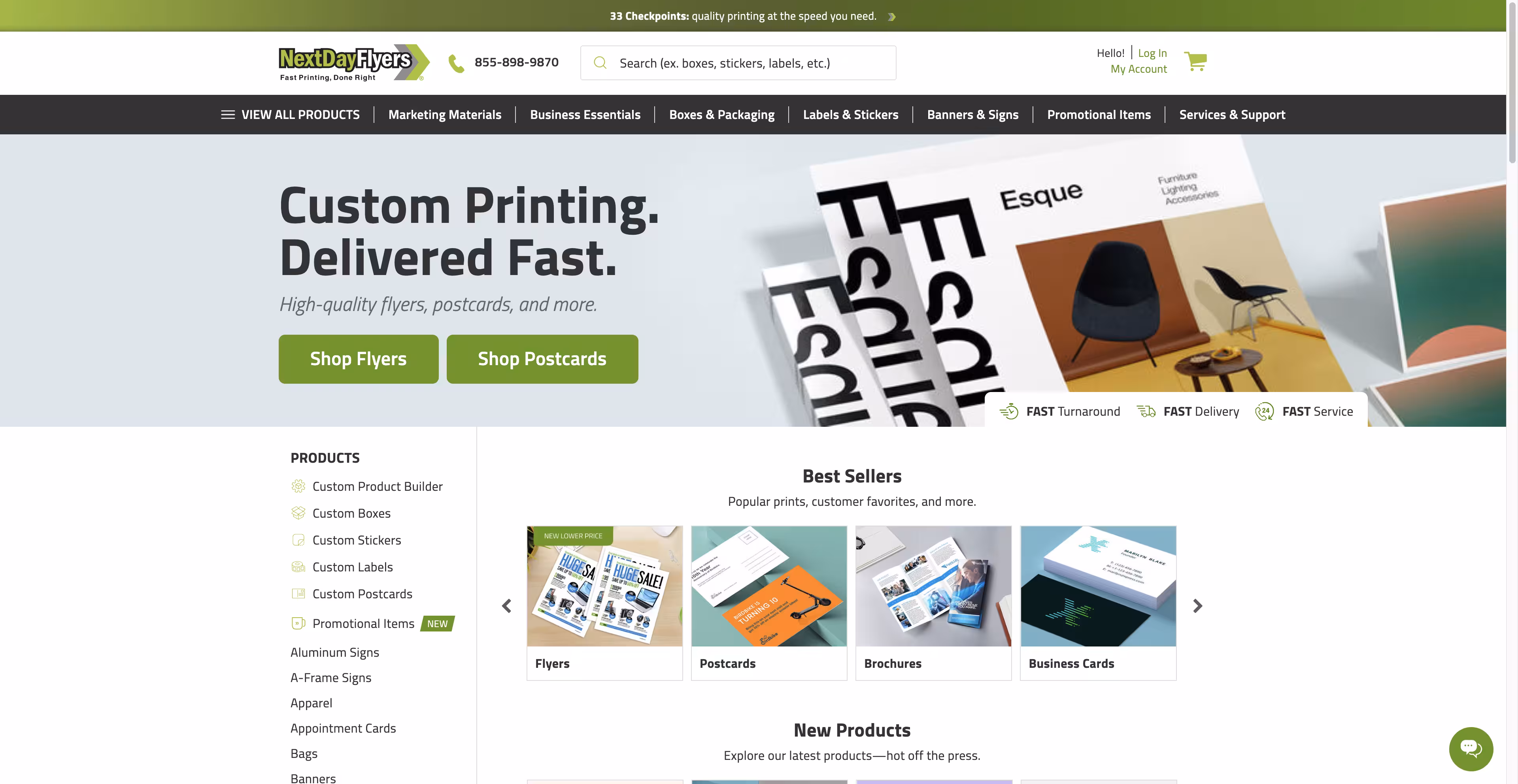 Next Day Flyers web-to-print storefront layout — example of a theme PrintNow can recreate