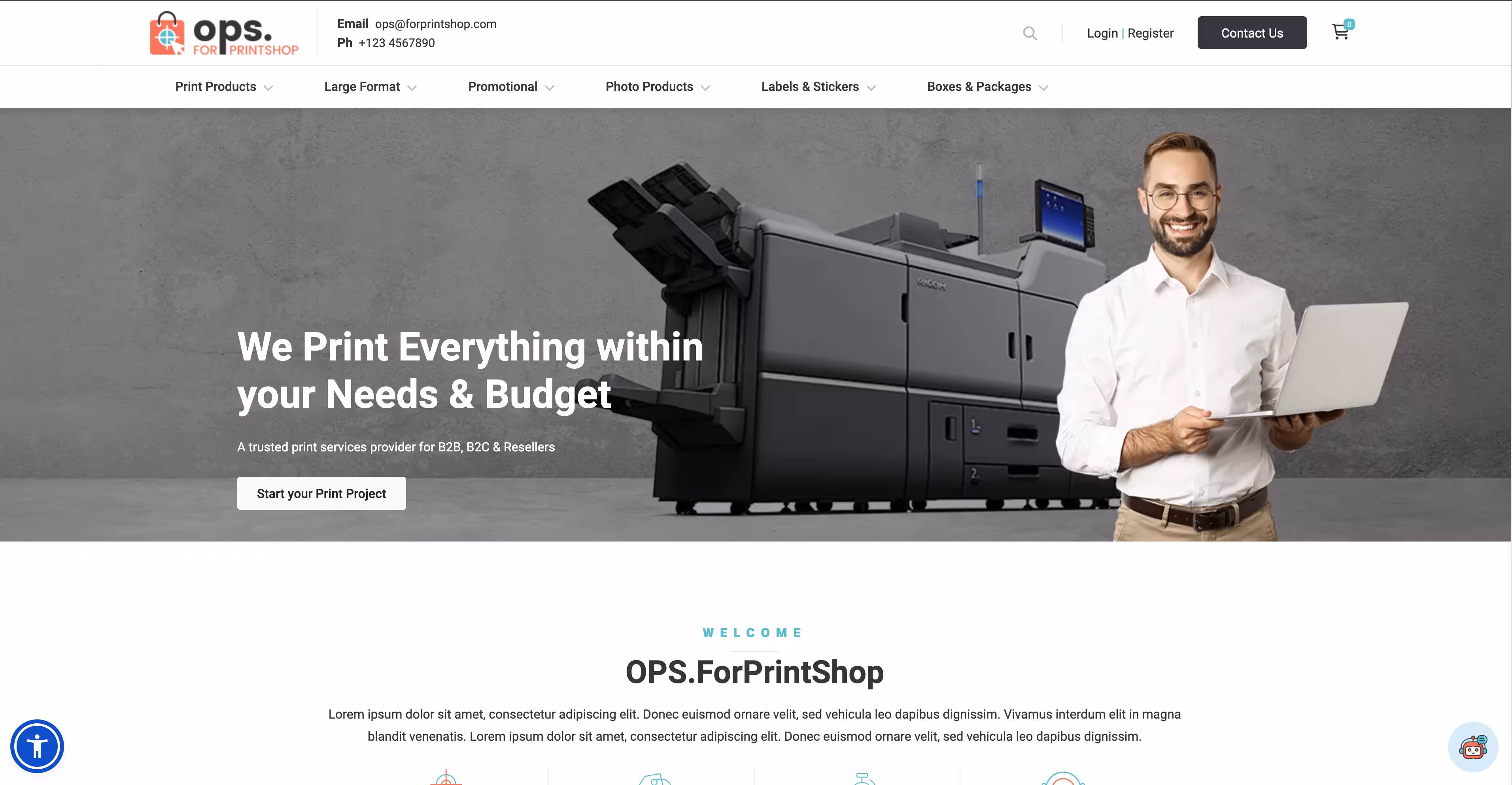 OPS web-to-print storefront layout — example of a theme PrintNow can recreate