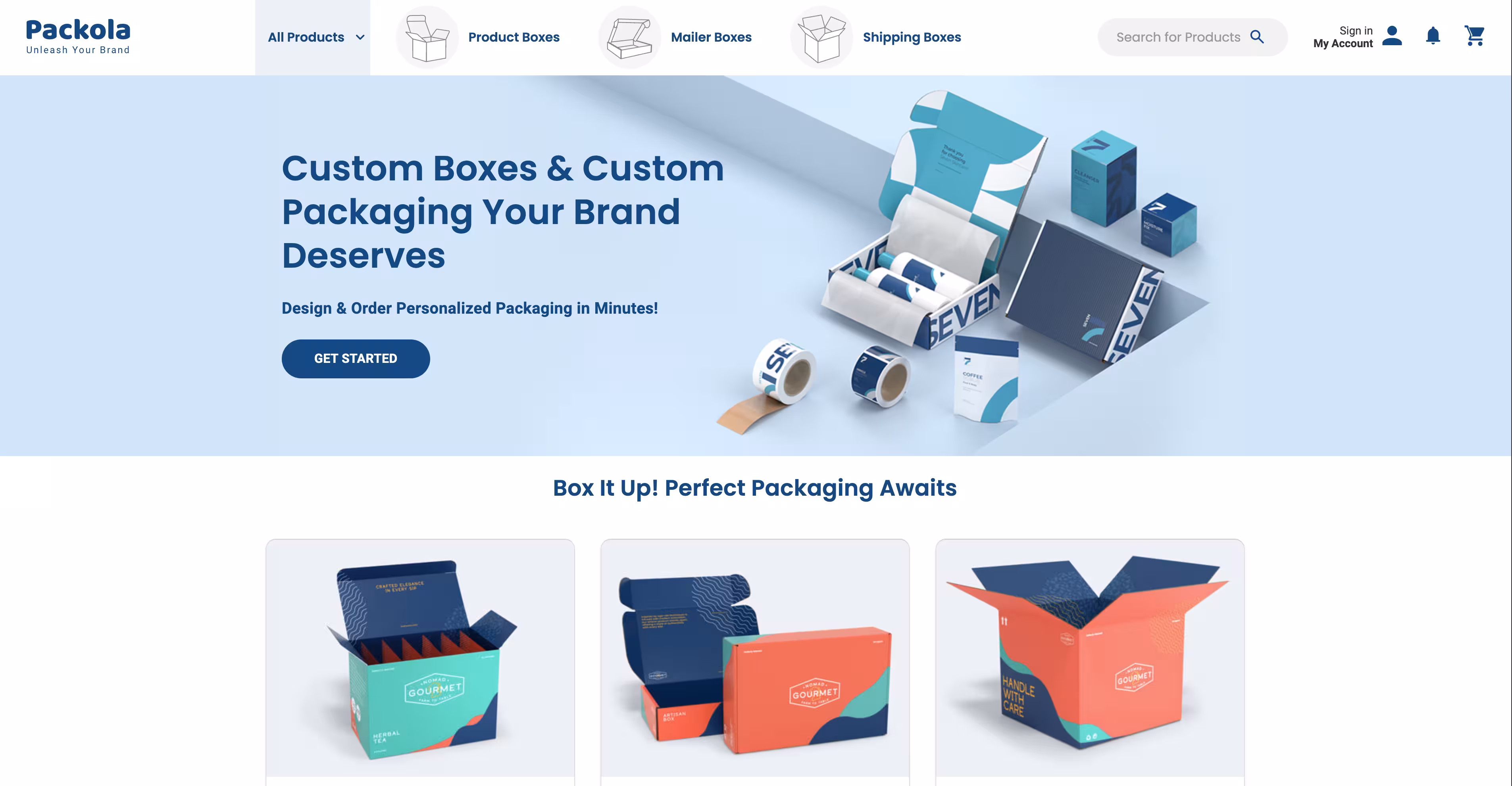Packola web-to-print storefront layout — example of a theme PrintNow can recreate