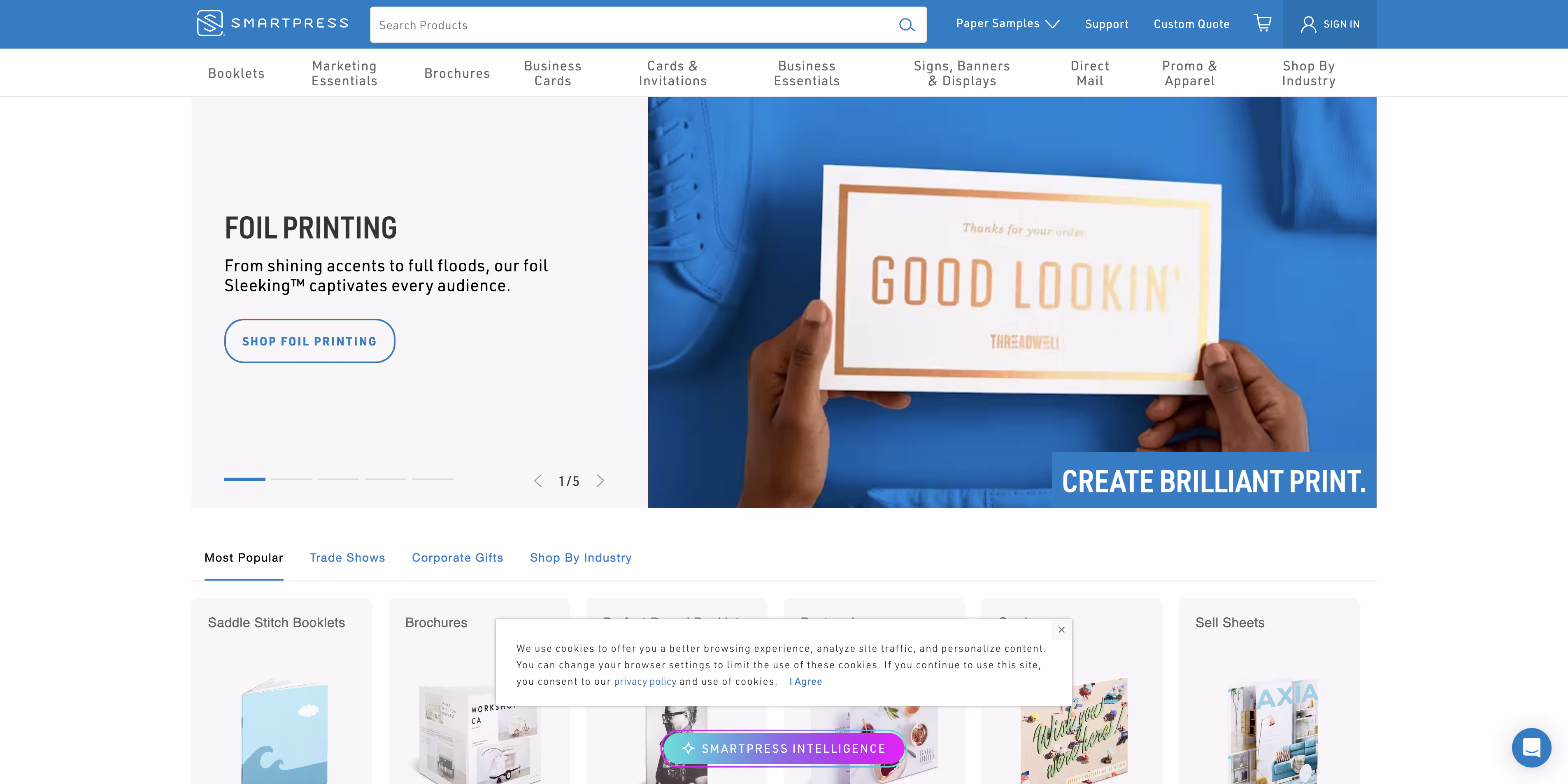 Smartpress web-to-print storefront layout — example of a theme PrintNow can recreate