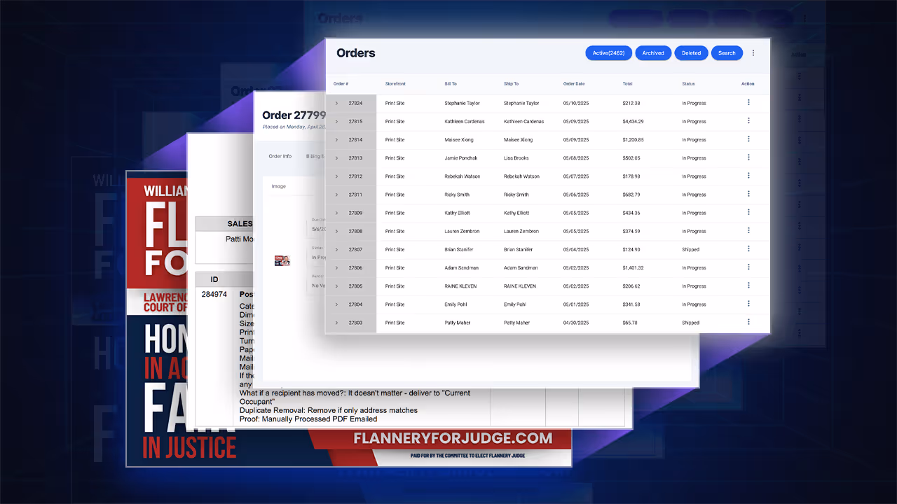 PrintNow order management dashboard showing order tracking, status, and fulfillment data