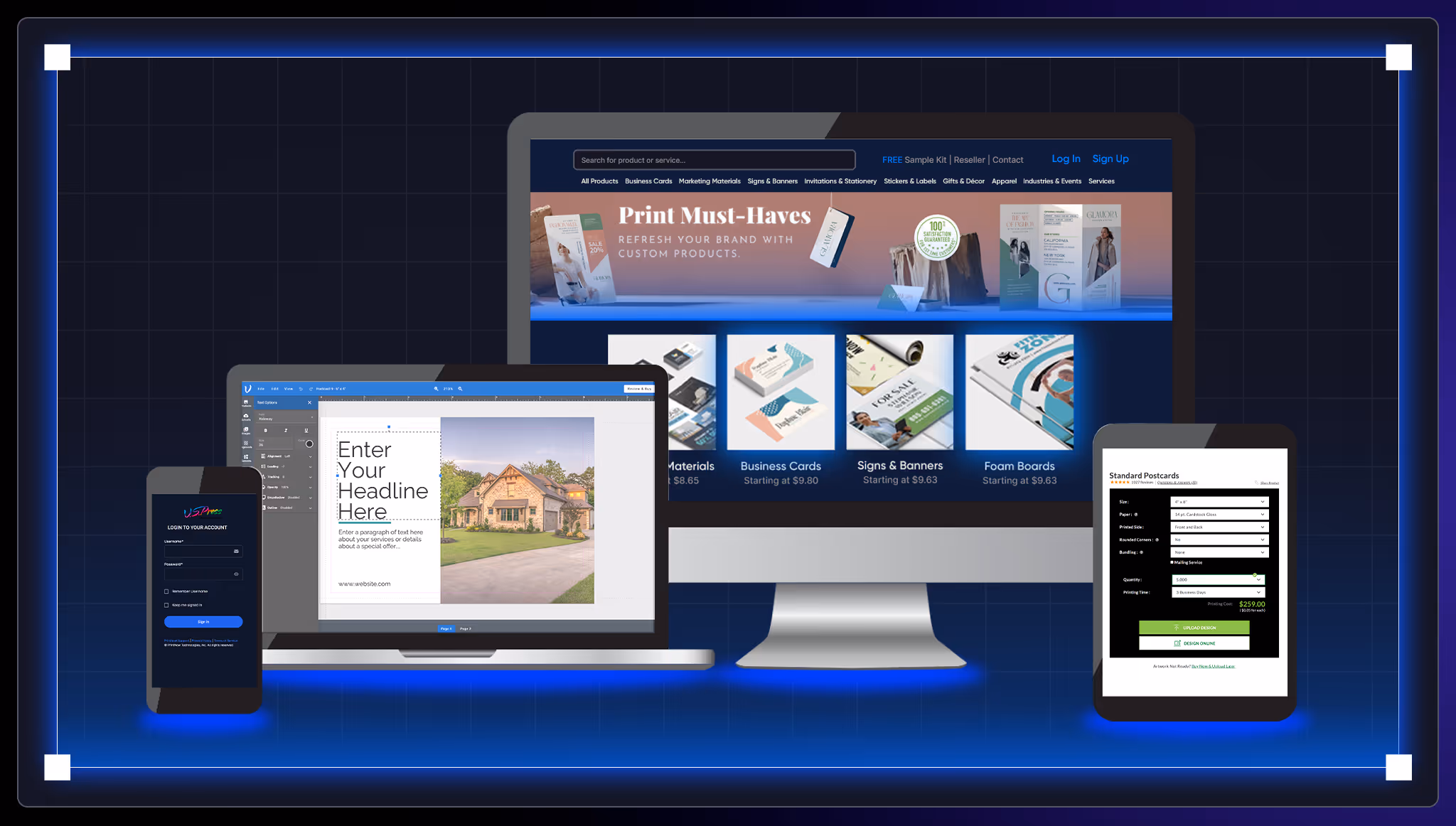 PrintNow web-to-print storefront showing product catalog with marketing materials, business cards, signs, and banners